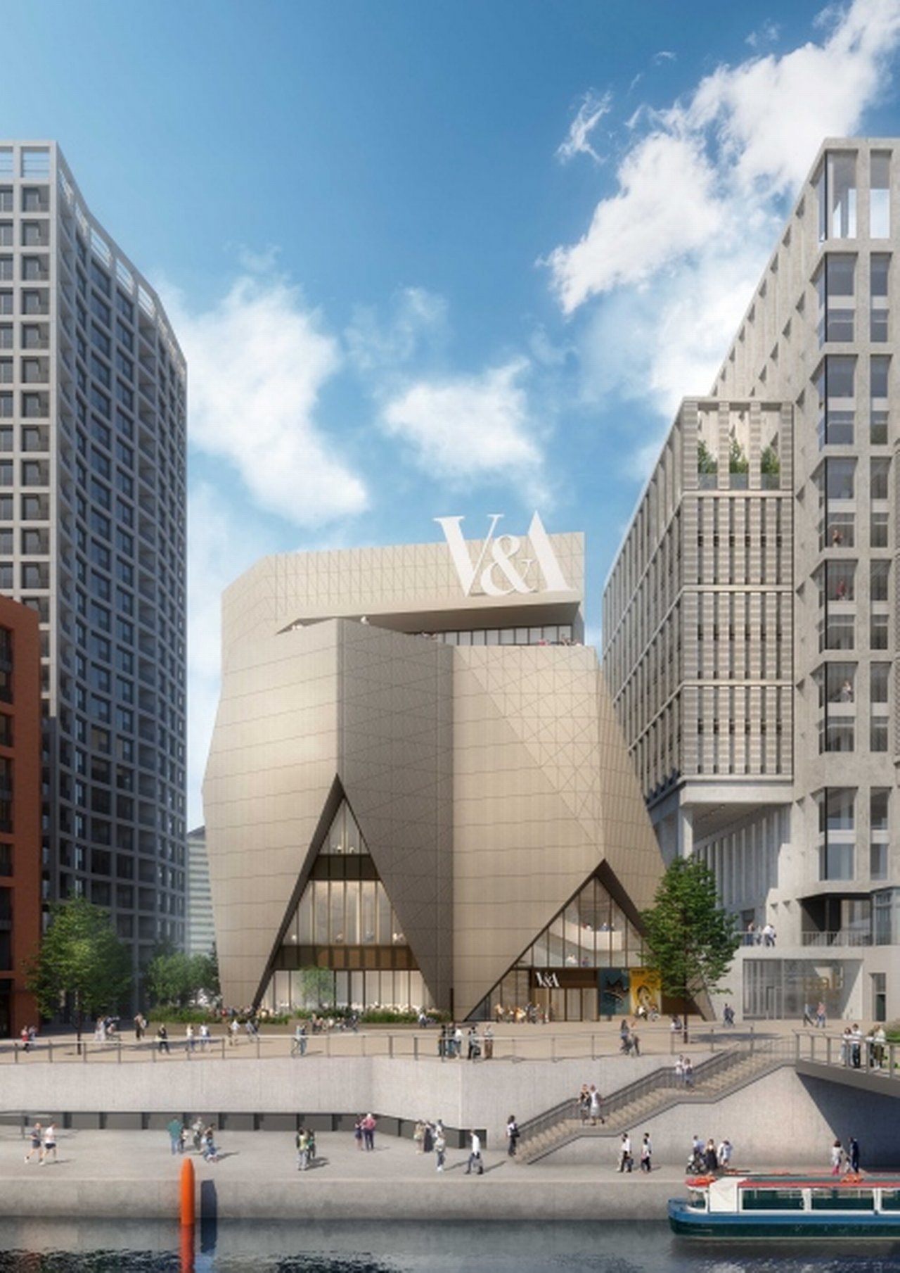 External render view of V&A East Museumat Stratford Waterfront, designed by O’Donnell + Tuomey. © O’Donnell + Tuomey/ Ninety90, 2018