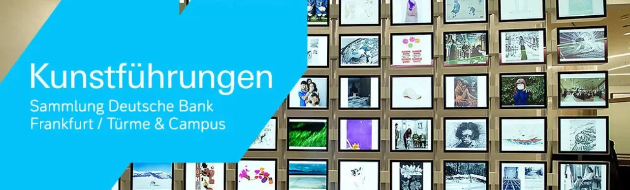 Collage of many artworks and title in blue lozenge ArtTour in Deutsche Bank