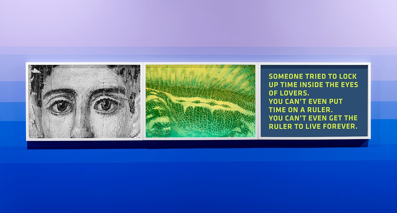 Basim Magdy, Someone Tried to Lock Up Time (The Ruler Won't Live Forever), 2018 – Ongoing, 3 C-Prints from chemically-altered slides on Fujiflex Metallic material, 45 x 67 cm each. Overall dimensions 47 x 213 cm