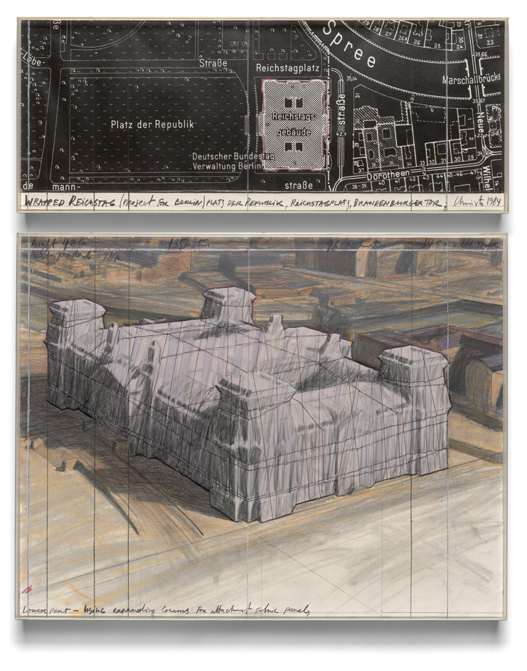“Wrapped Reichstag”, 1984, Pencil, textile fabric, thread, oil pastels, charcoal, and gou - ache on cardboard, two parts / Bleistift, Textilgewebe, Faden, Ölkreide, Kohle und Gouache auf Cartonage, zweiteilig